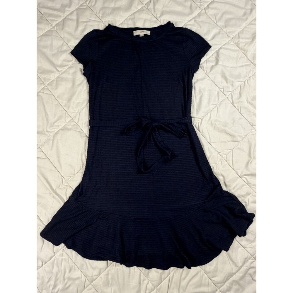 LOFT Navy Knit Fit & Flare Dress Tie Waist Ruffle Short Sleeve Women's XS